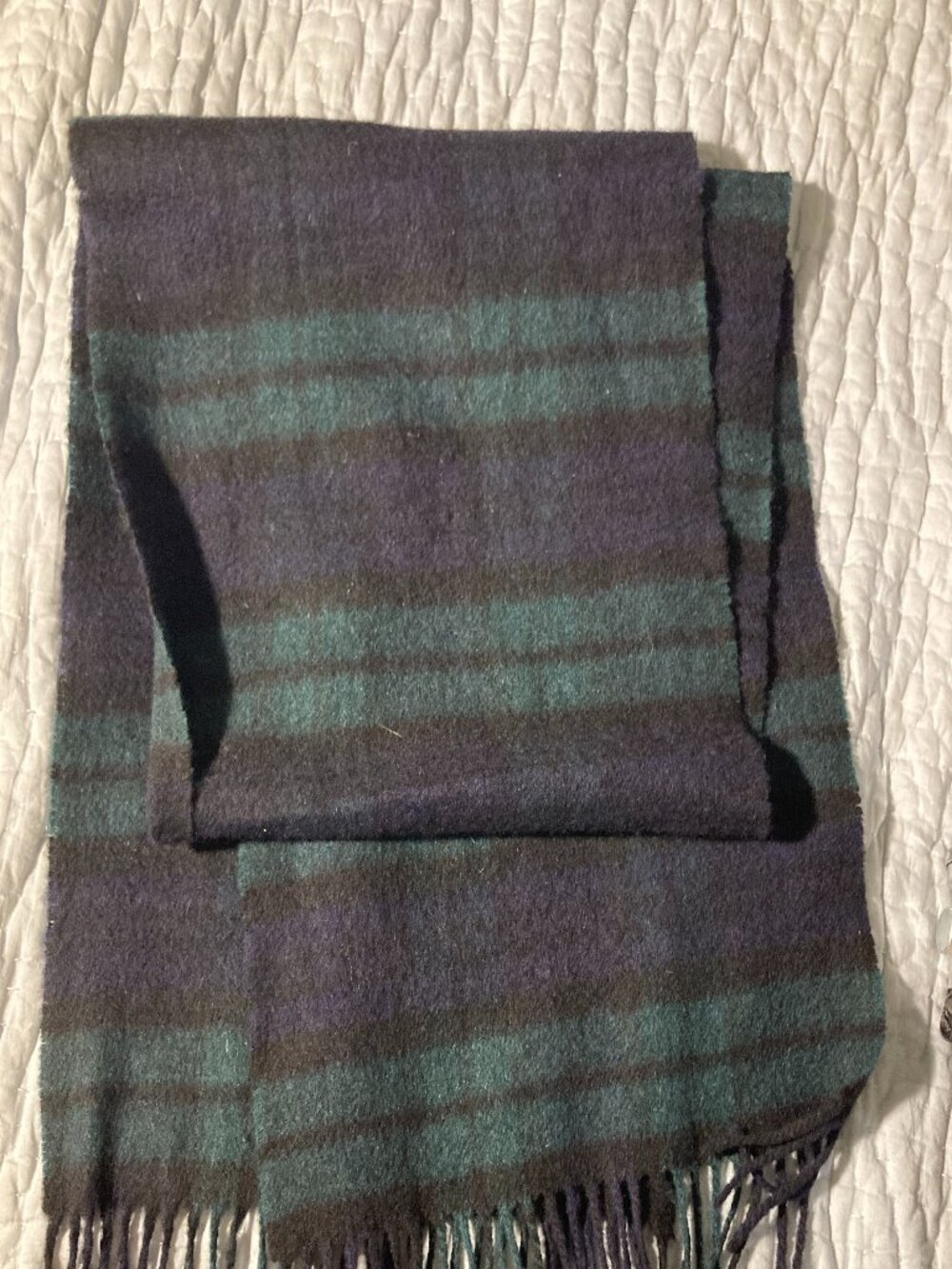 vintage Pringle 100% cashmere green black and navy plaid fringe scarf